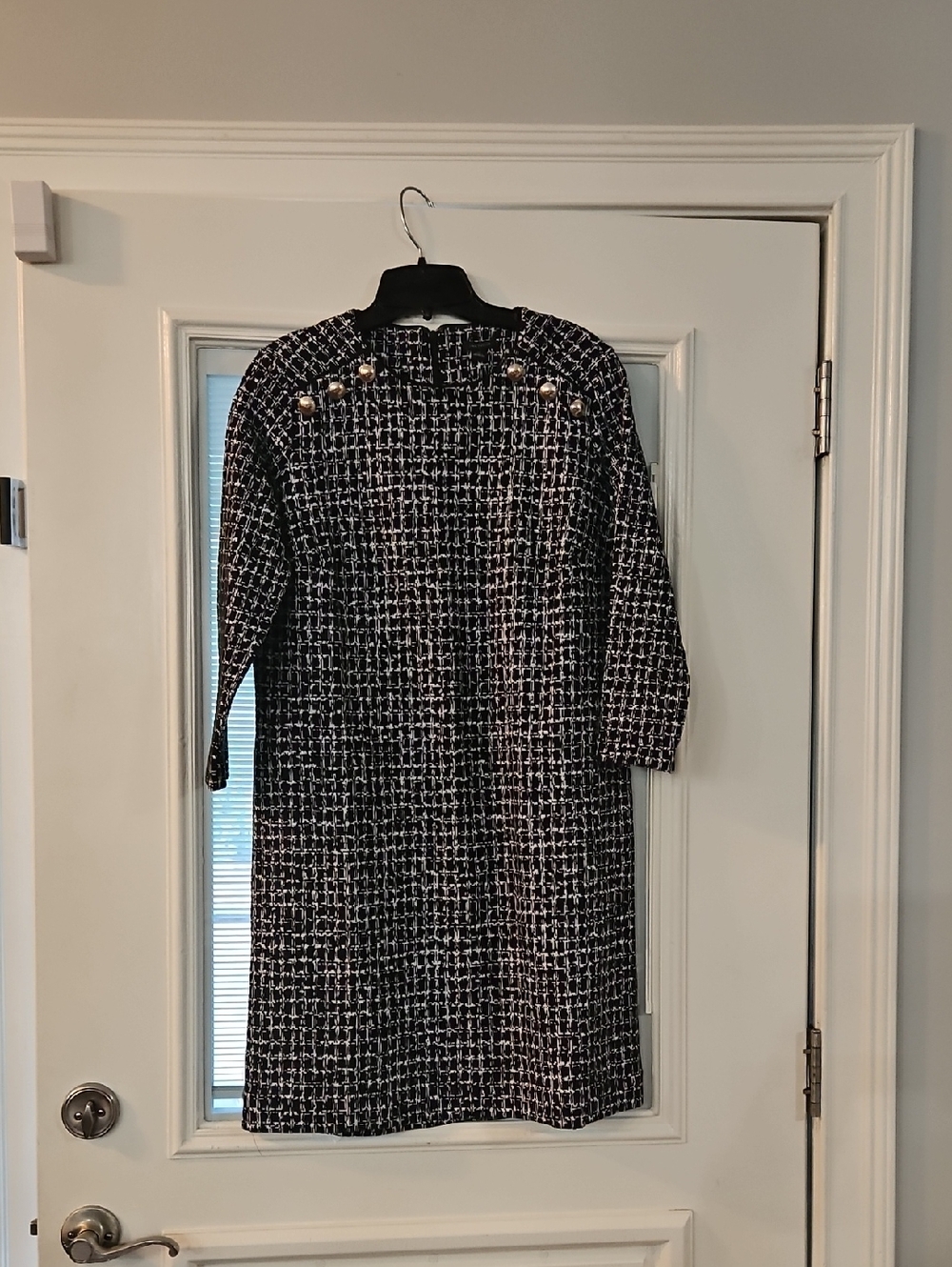 Ann Taylor Black and White Long-Sleeve Tweed Shift Dress with Gold Buttons